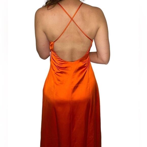 Jason Wu Orange Satin Ruched Sleeveless Open Back Midi Slip Dress Semi Formal - Picture 2 of 6
